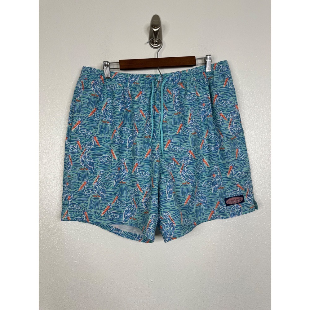 Vineyard Vines Pelican Print Chappy Swim Trunks Mens XL Blue Teal 1M000041